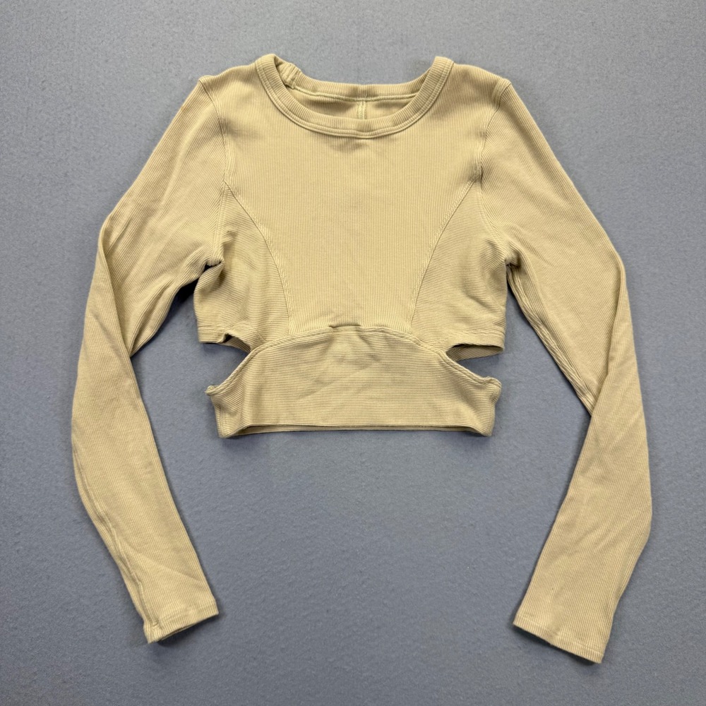 Lululemon Ribbed Cut-Out Long Sleeve Crop Top Tan Beige Athletic Shirt Womens XS